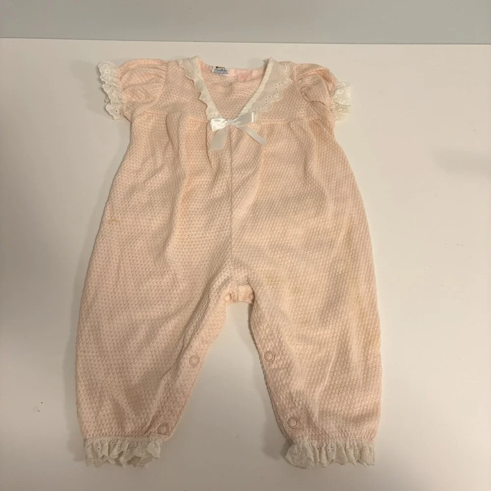 Vintage Carter's Pink Baby Romper Lace Ruffles Rosette 9 months